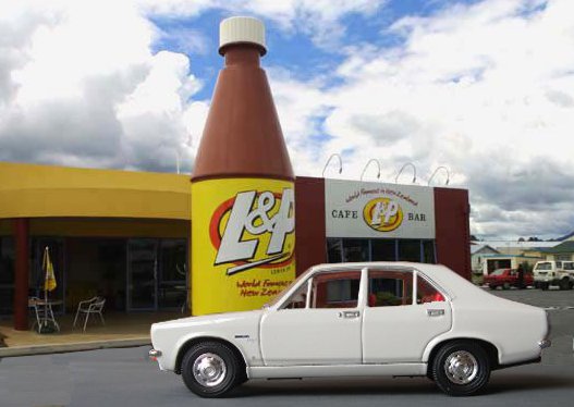 The Avenger with the iconic big bottle of Lemon and Paeroa (L&P)