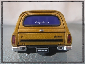 A shot of the rear of the HQ Sandman Van showing V8, Sandman and stripe detail