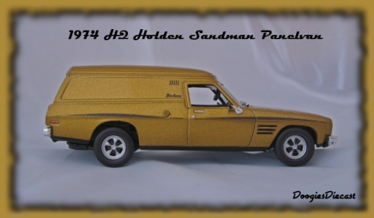The 1974 V8 Holden Sandman Panelvan complete with GTS guards, mag wheels, and Sandman stipes and decals