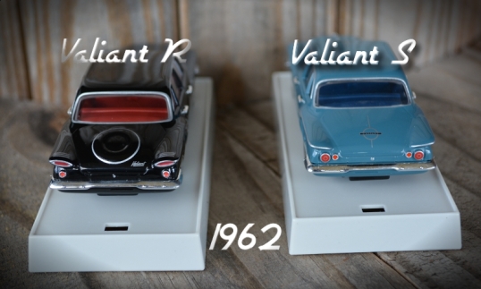 A shot of the rear of both the R and S Valiants highlighting  the differences between the two. 